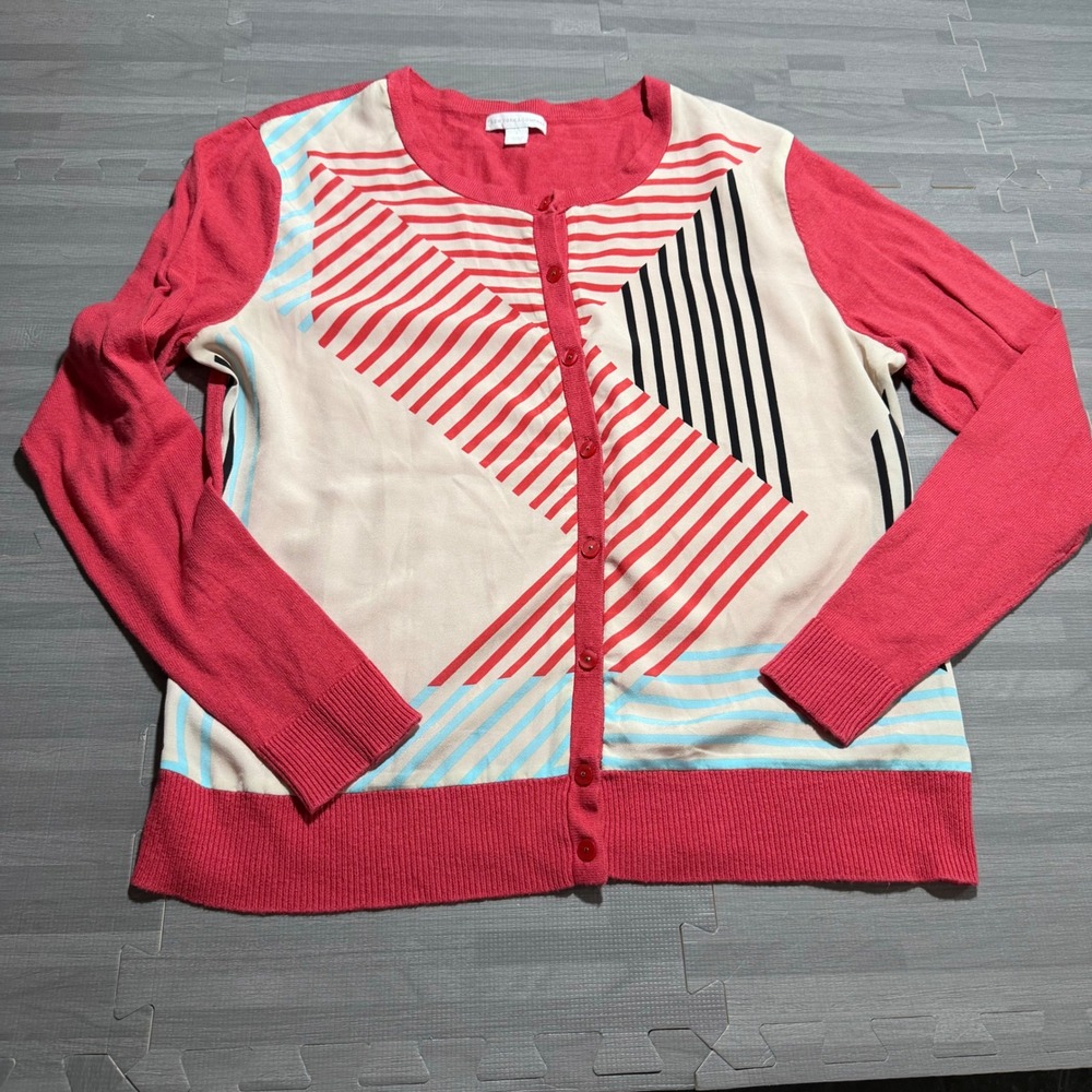 New York & Company Geometric Striped Colorblock Button Front Cardigan Red Pink